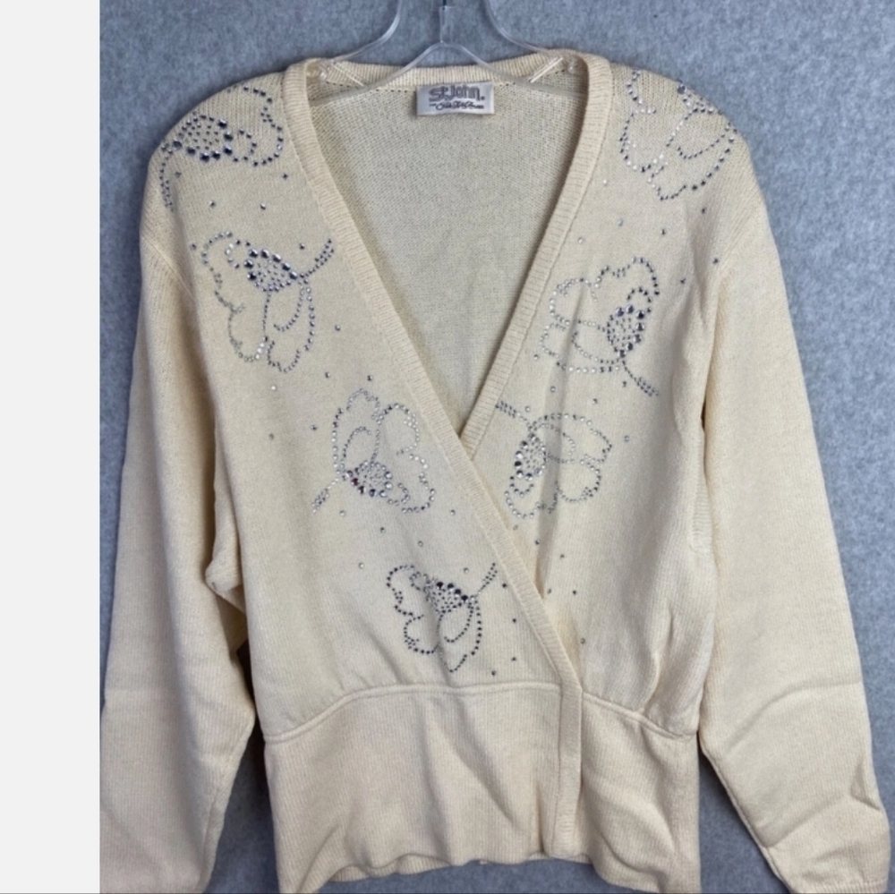 Vintage St John Sweater  White Cream Rhinestone Wrap  Luxury Classic Size 14